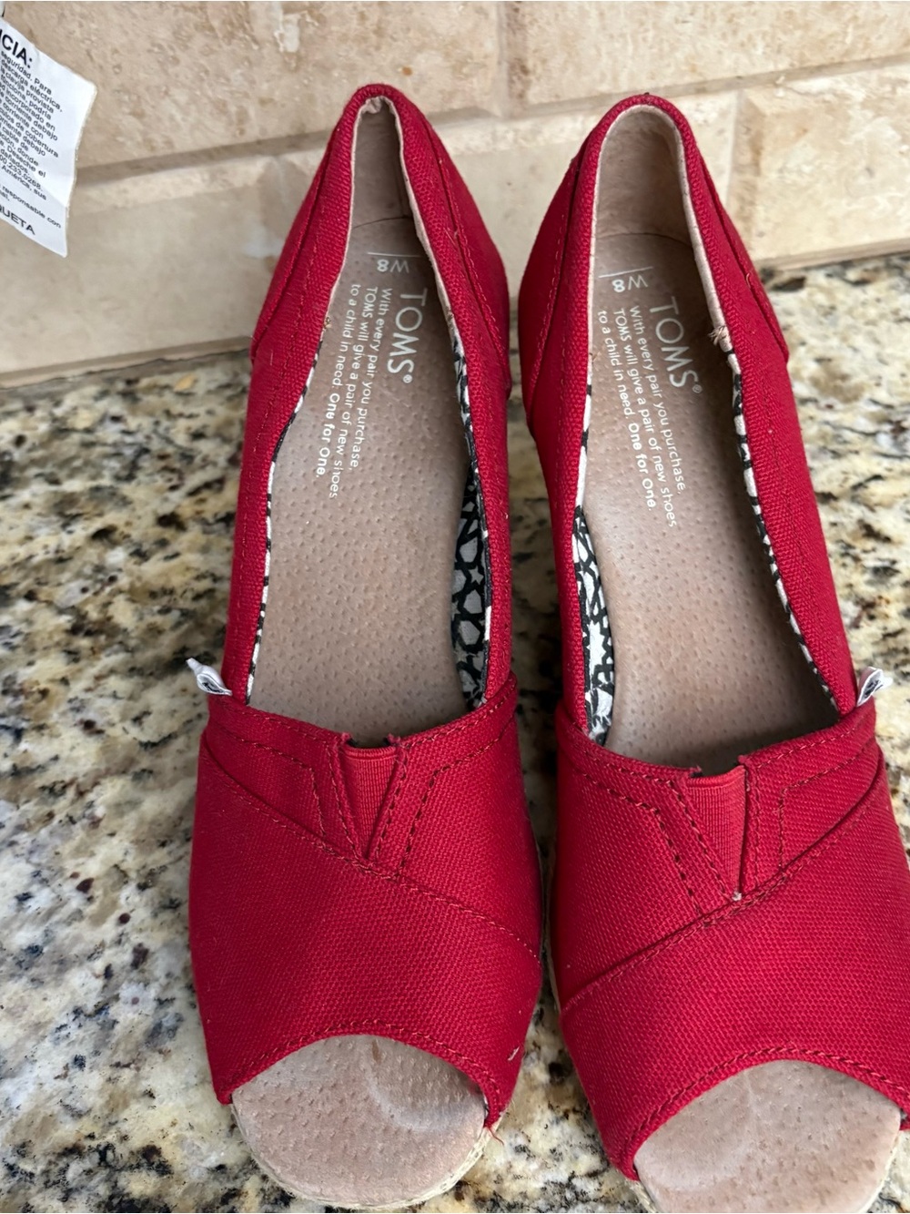 Toms Women's Red Canvas Peep-Toe Mules